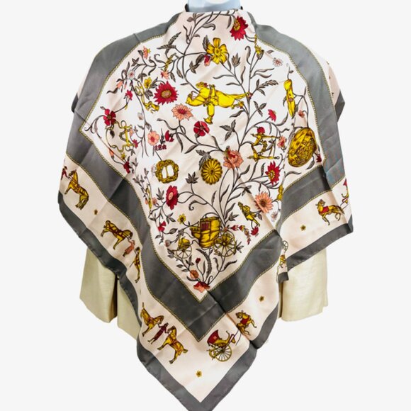 CELINE  PARIS Silk Satin  Lg 34"  Scarf   Peach Pink Gray Floral  Carriage (60) - Picture 1 of 10